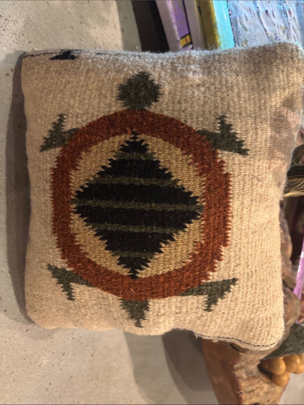 Handwoven Rustic Geometric Throw Pillow - Tan and Rust with native turtle
